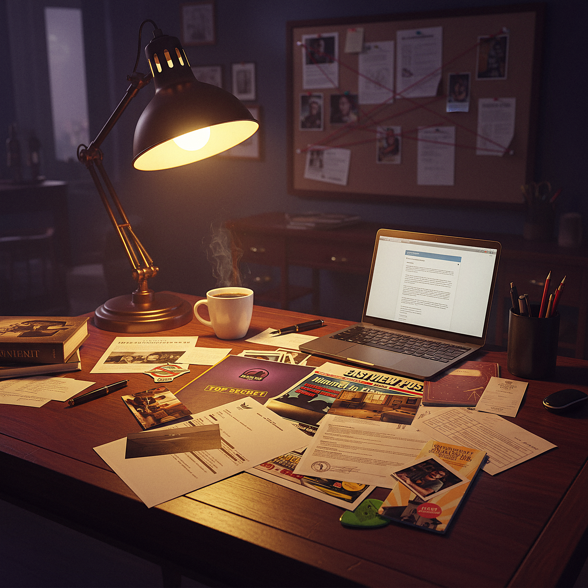 Detektivschreibtisch im Retro-Stil: warme Lampe beleuchtet Laptop mit Online-Recherche, Pinnwand voller Beweise mit roten Fäden, Fotos, Zeitungsartikel und Berichte. Szene aus einem interaktiven Mystery Krimispiel für Erwachsene – ideal für Spieleabend mit Freunden oder als Geschenk für Krimifans.