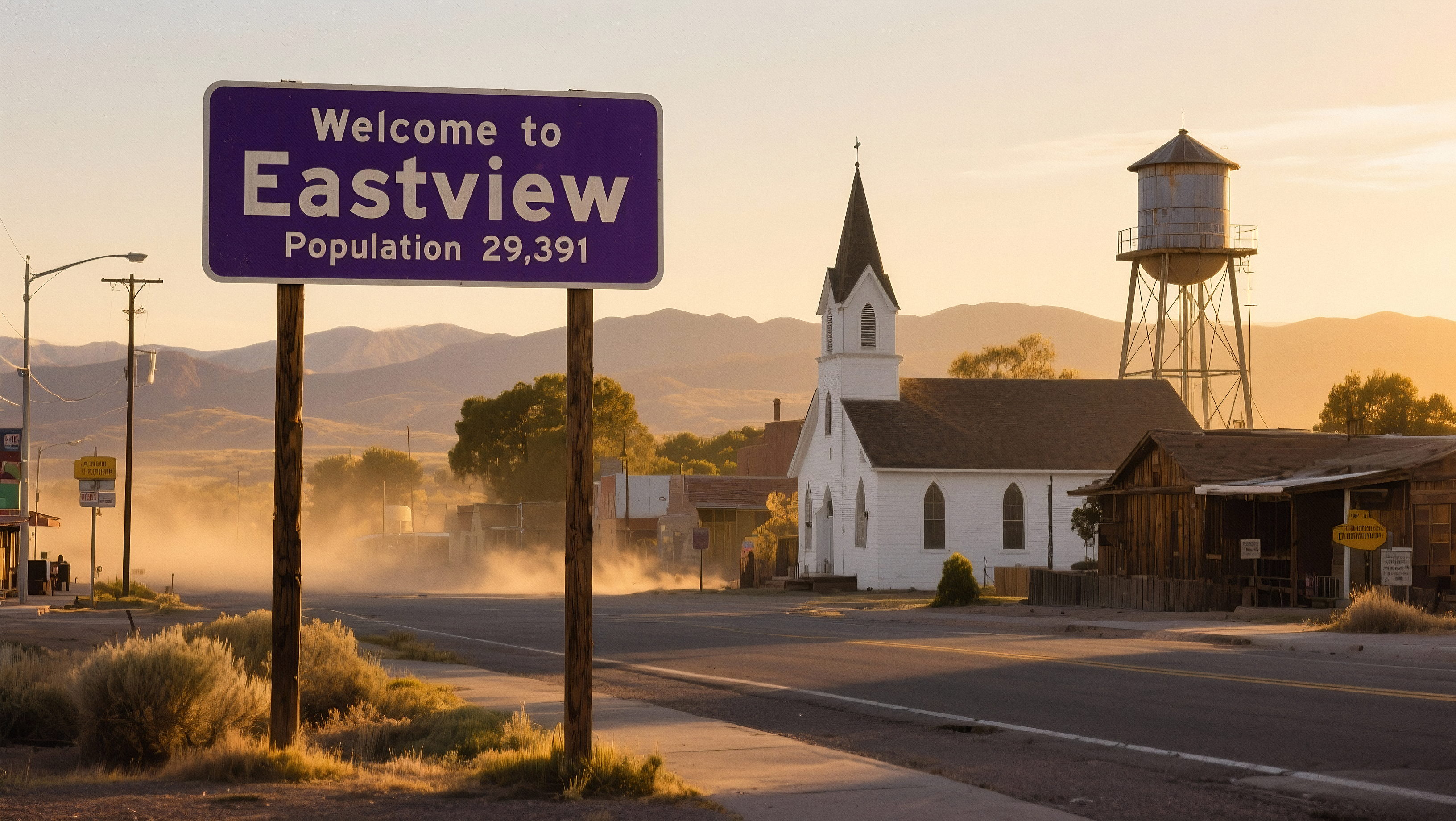 Ortseingangsschild von Eastview, einer fiktiven Wüstenstadt in New Mexico, USA – Schauplatz des ersten Mystery Krimispiels. Im Hintergrund Hügel, weiße Kirche und Wasserturm. Paranormales Krimispiel im Stil von Twin Peaks, ideal als Geschenk für Krimifans und für gemeinsame Spieleabende