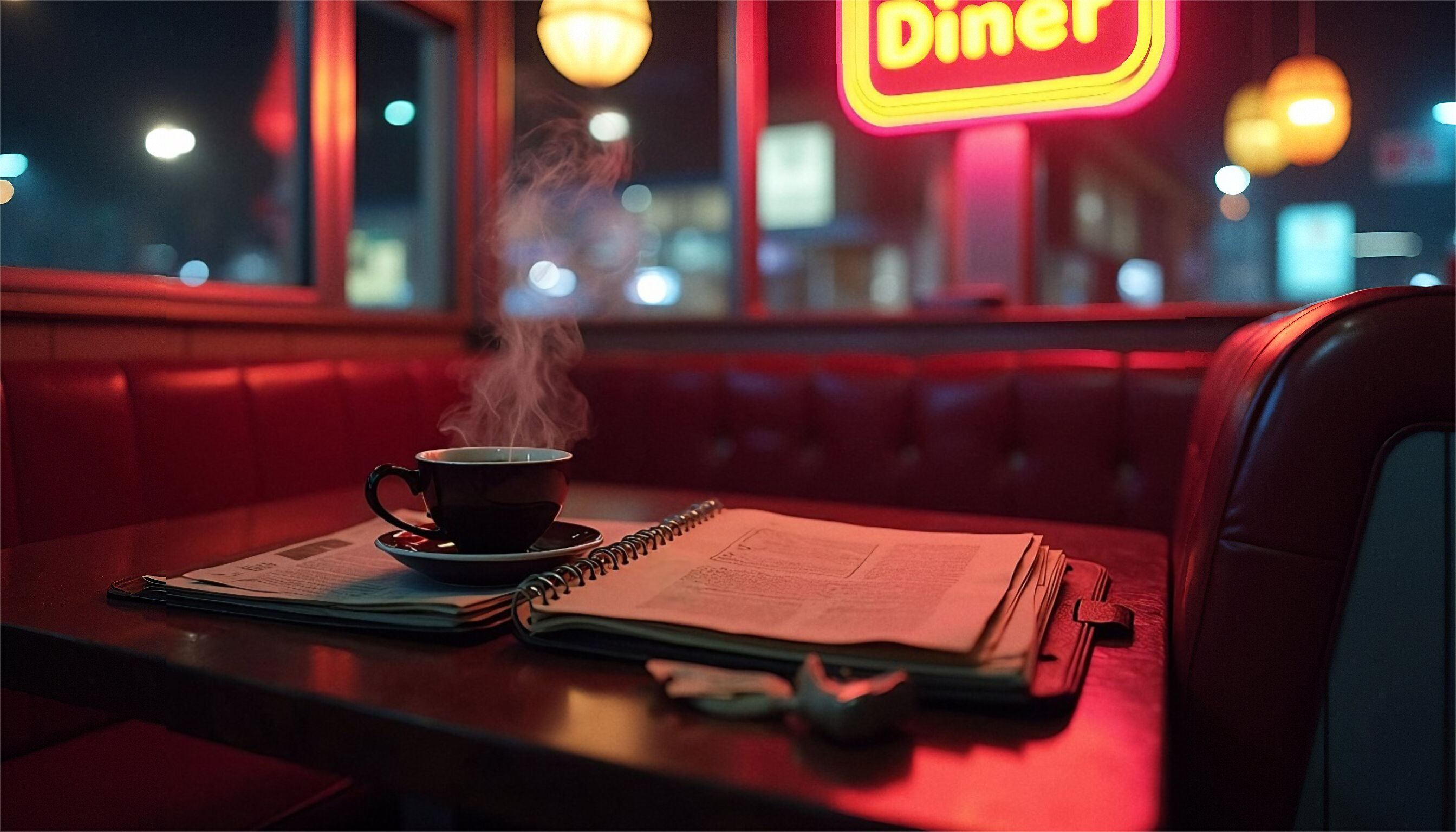 Retro-Diner-Szene bei Nacht: Booth-Tisch mit dampfender Kaffeetasse, aufgeschlagenem Notizheft voller Zettel und Neonlichtern draußen. Atmosphäre wie in einem Mystery Krimispiel – ideal für Krimifans und spannende Spieleabende.