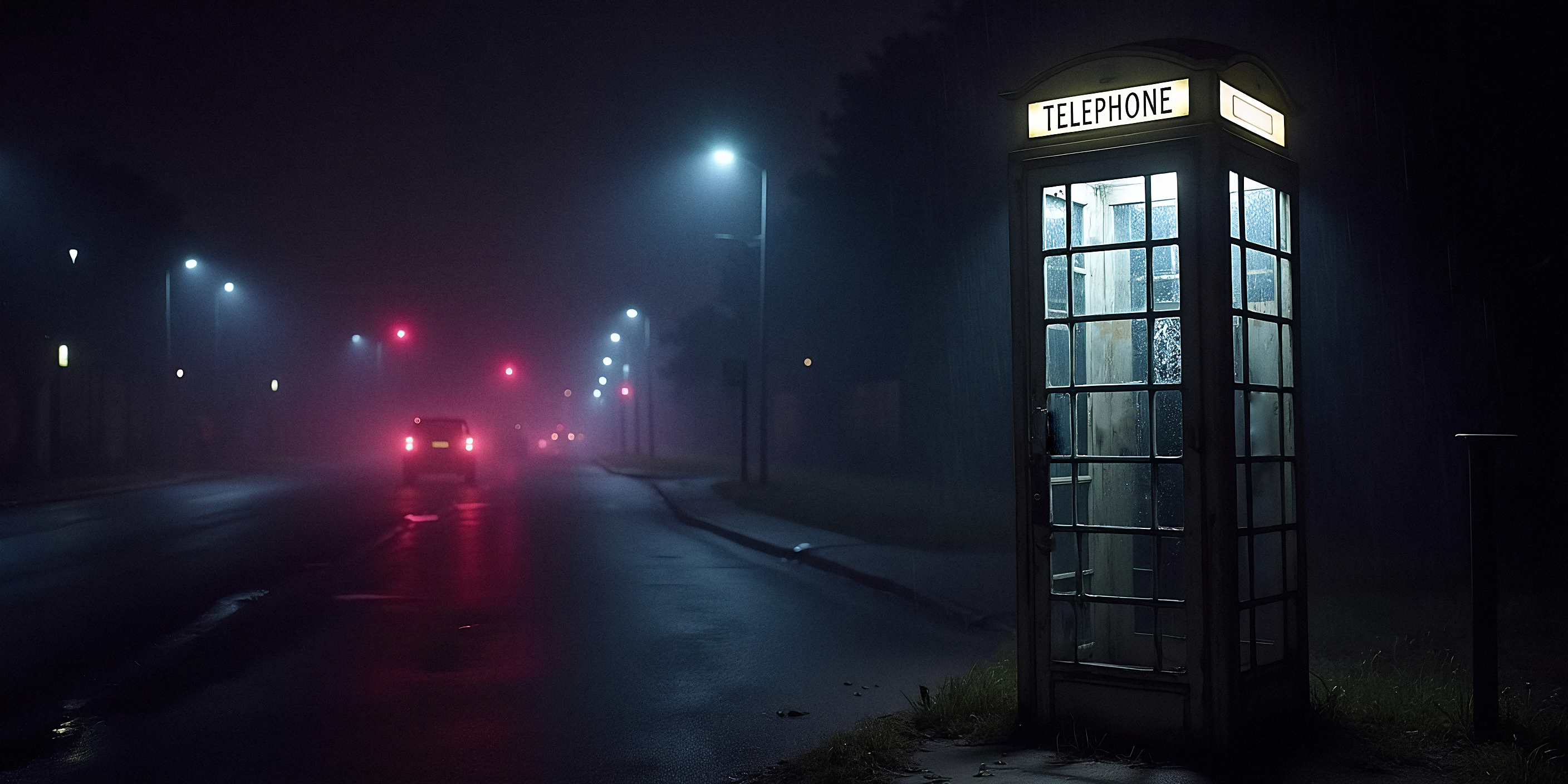 Telefonzelle bei Nacht auf einer einsamen Straße, erleuchtet von Laternen und den Rücklichtern eines Autos in der Ferne. Noir-Atmosphäre wie in einem Mystery Krimispiel – Kontaktaufnahme zur Black Cats Organisation.